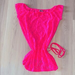 B. Split Women's Swimsuit Cover Up Tunic Top-Small Neon Pink Lace Beach Coastal